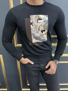 Rick Slim Fit Printed Crew Neck Black Sweater