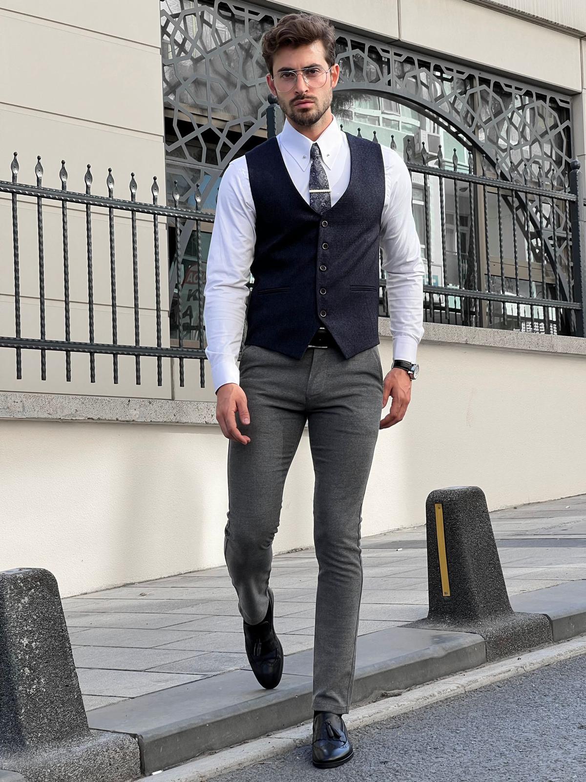 Bojoni Astoria Slim Fit Navy Blue Woolen Vest