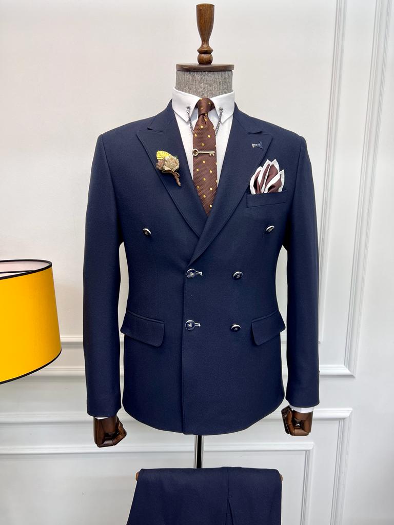 Rick Slim Fit Special Design Double Breasted Blue Detailed Suit