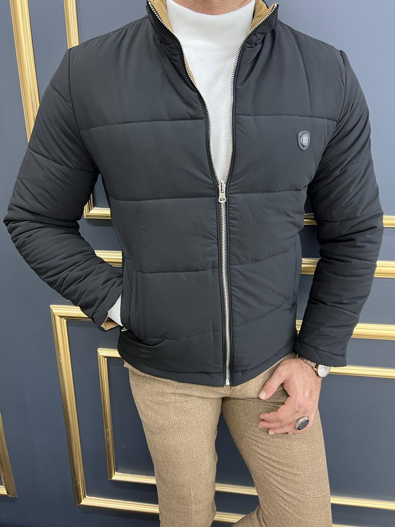 Rick Slim Fit Double Colored Black & Camel Quilted Coat