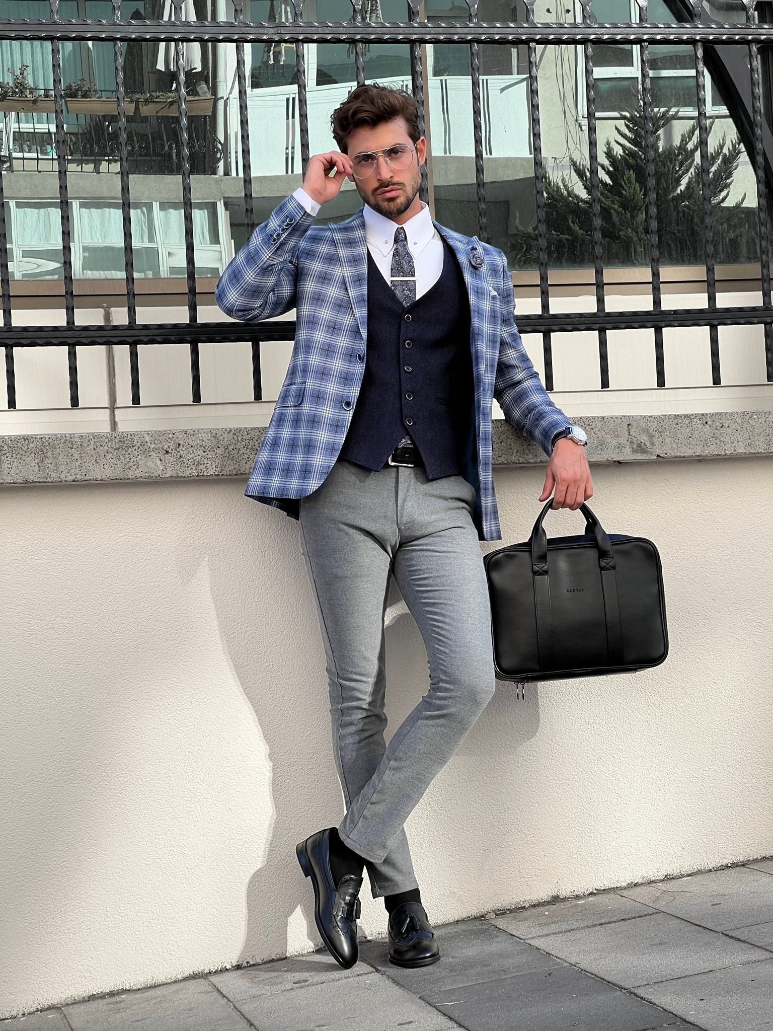 Bojoni Astoria Slim Fit Patterned Pointed Collared Light Navy Blue Plaid Suit