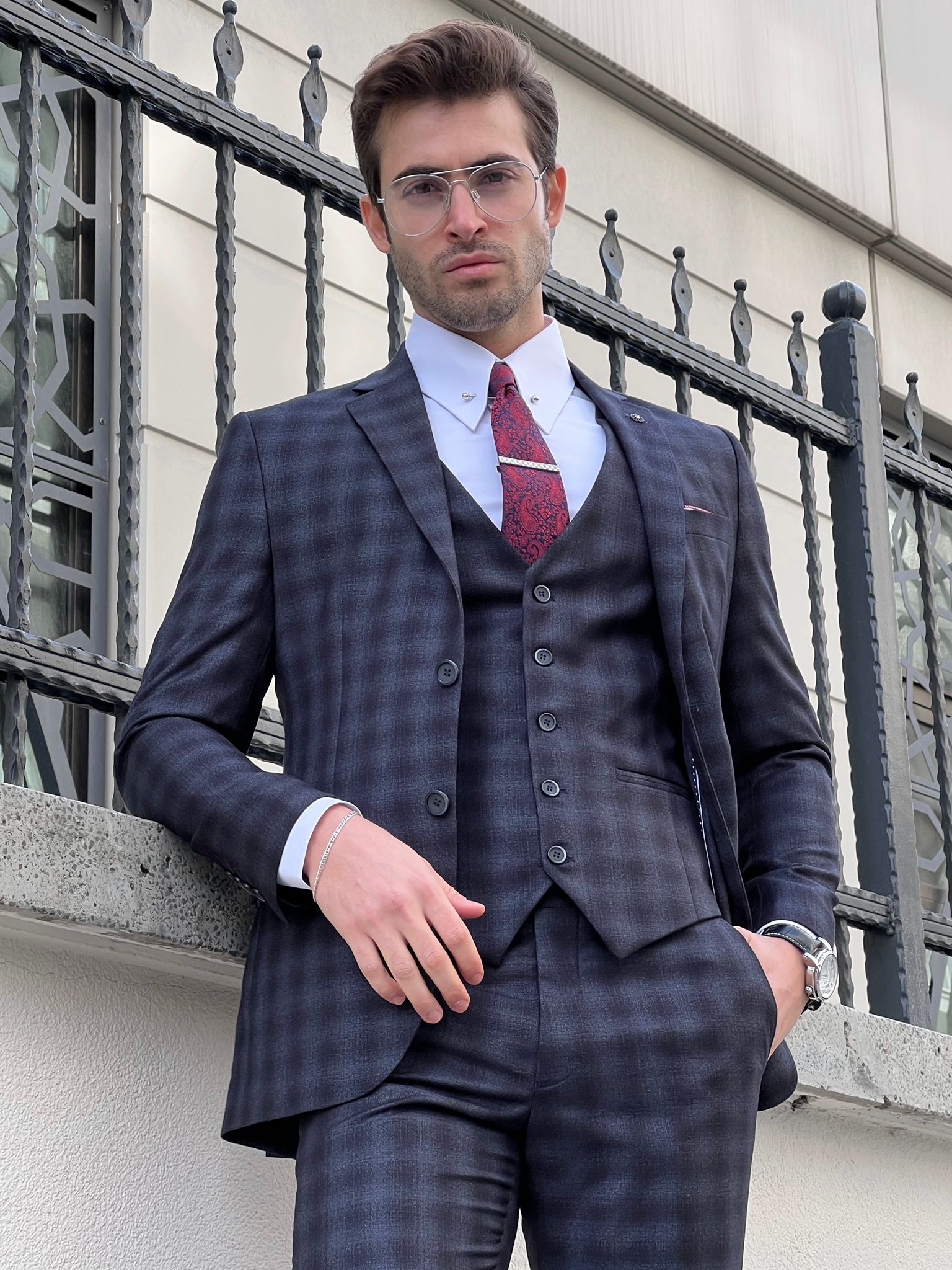 Louis Slim Fit Black & Navy Business Plaid Suit