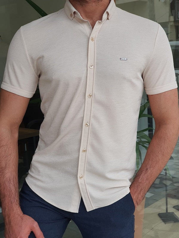 Bastoni Beige Slim Fit Short Sleeve Shirt-baagr.myshopify.com-Shirt-BOJONI