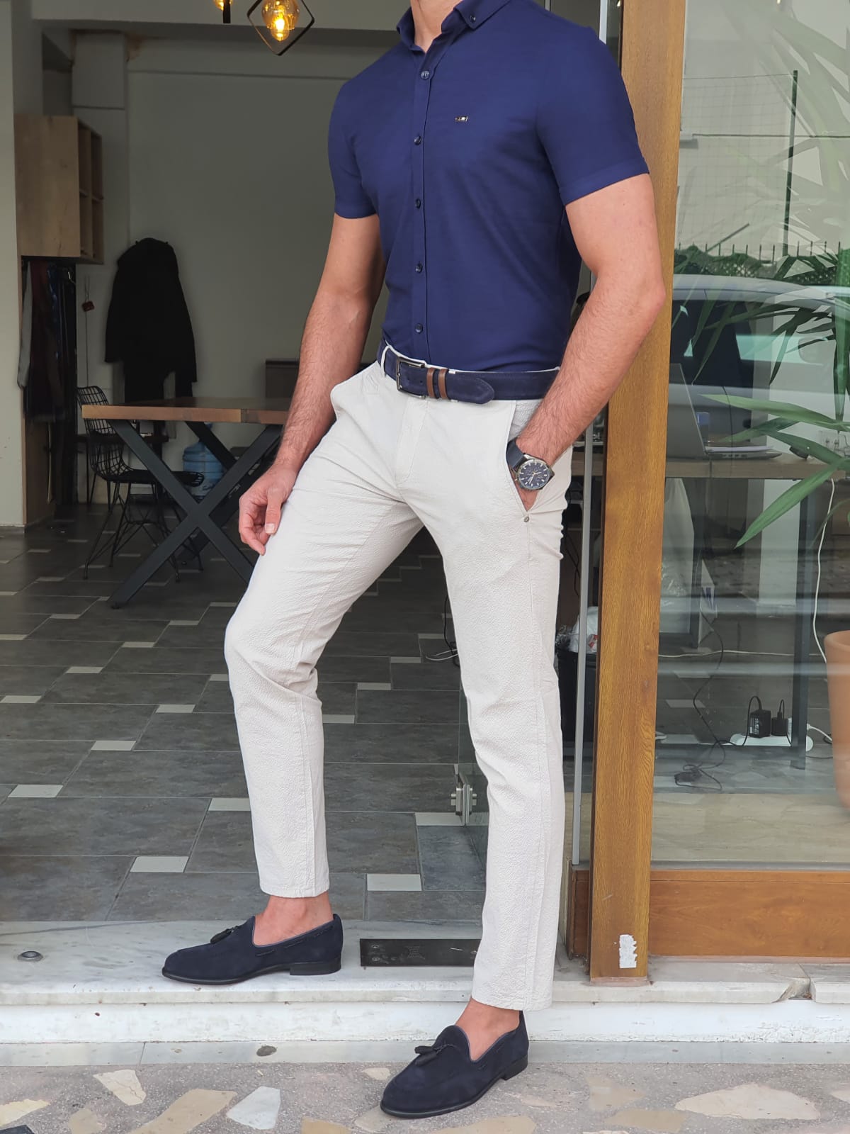 Bastoni Navy Blue Slim Fit Short Sleeve Shirt-baagr.myshopify.com-Shirt-BOJONI