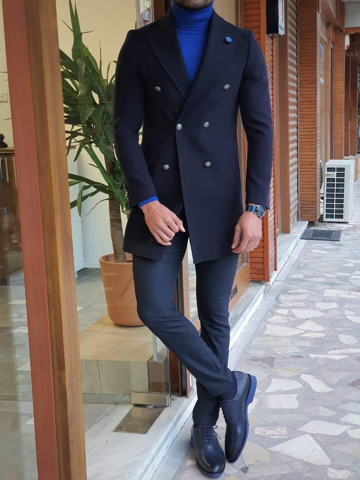 Paruri Navy Blue Slim Fit Wool Long Coat-baagr.myshopify.com-Jacket-brabion