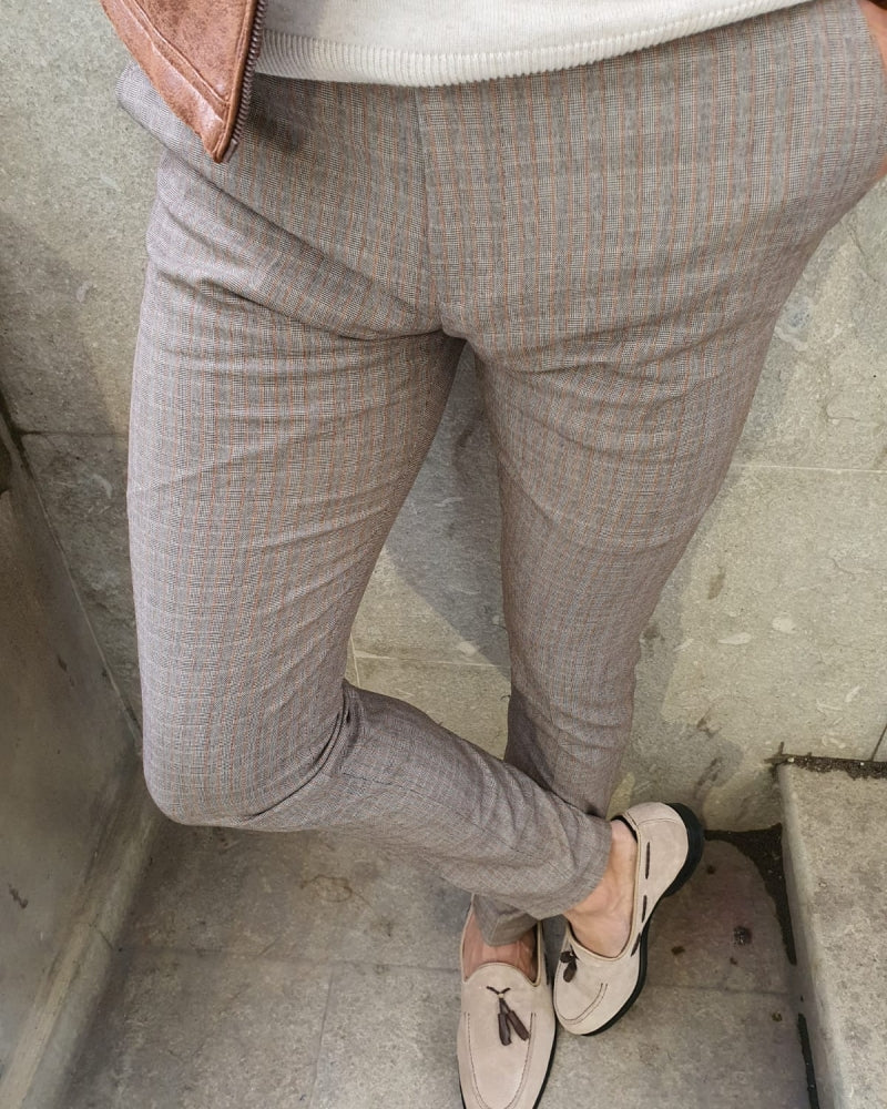 Paco Beige Slim Fit Plaid Pants-baagr.myshopify.com-Pants-BOJONI