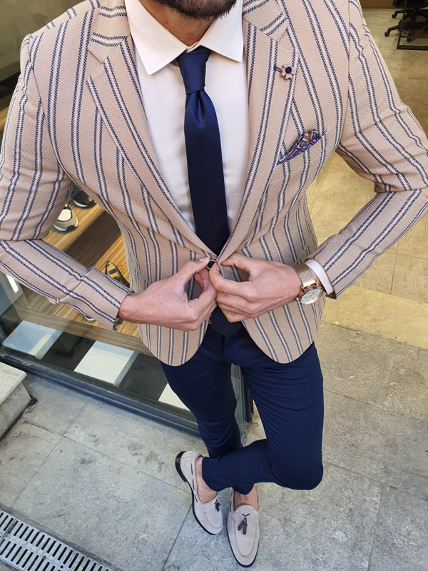 Richbaum Beige Slim Fit Striped Blazer-baagr.myshopify.com-blazers-BOJONI