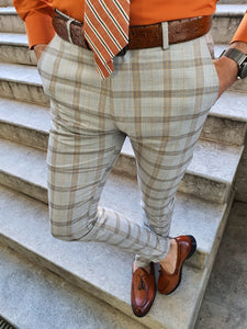 Shelton Camel Slim Fit Plaid Pants-baagr.myshopify.com-Pants-BOJONI