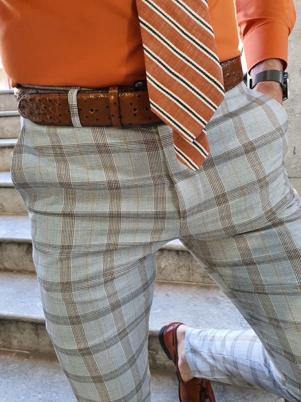 Shelton Camel Slim Fit Plaid Pants-baagr.myshopify.com-Pants-BOJONI