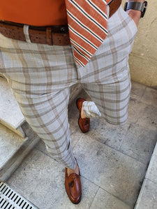 Shelton Camel Slim Fit Plaid Pants-baagr.myshopify.com-Pants-BOJONI