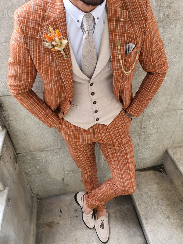 Verno Bellingham Orange Slim Fit Check Suit-baagr.myshopify.com-suit-BOJONI