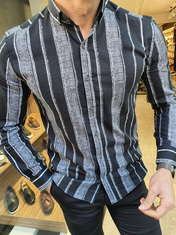 Toni  Black Slim Fit Striped Cotton Shirt-baagr.myshopify.com-Shirt-BOJONI