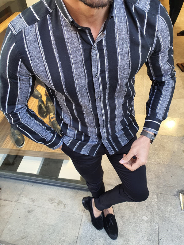 Toni  Black Slim Fit Striped Cotton Shirt-baagr.myshopify.com-Shirt-BOJONI