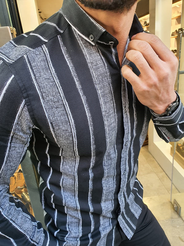 Toni  Black Slim Fit Striped Cotton Shirt-baagr.myshopify.com-Shirt-BOJONI