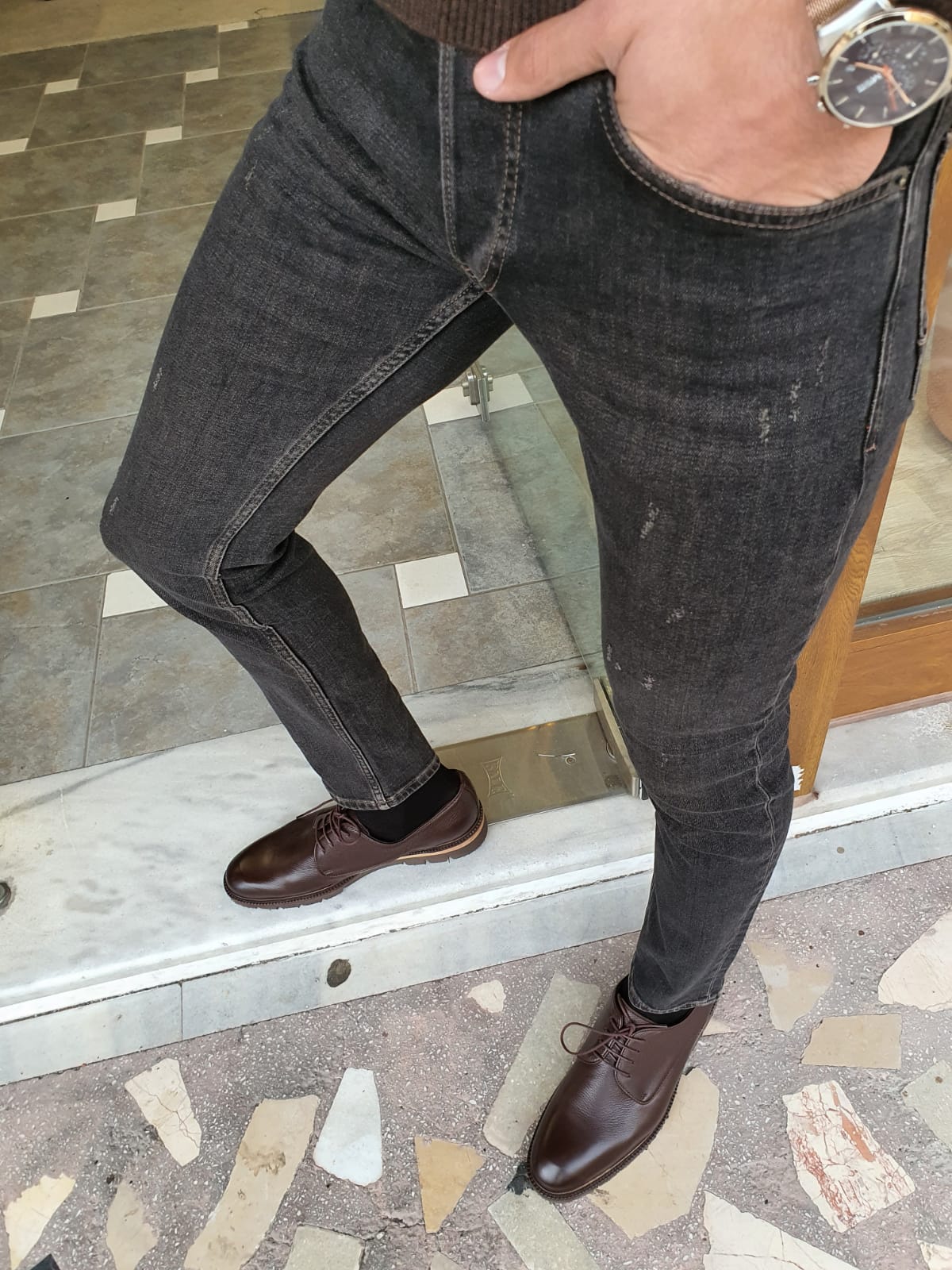 Bastoni Black Slim Fit Striped Jeans-baagr.myshopify.com-Pants-BOJONI