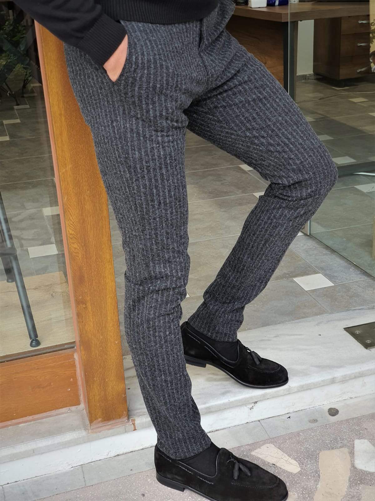 Paruri Black Slim Fit Striped Pants-baagr.myshopify.com-Pants-brabion