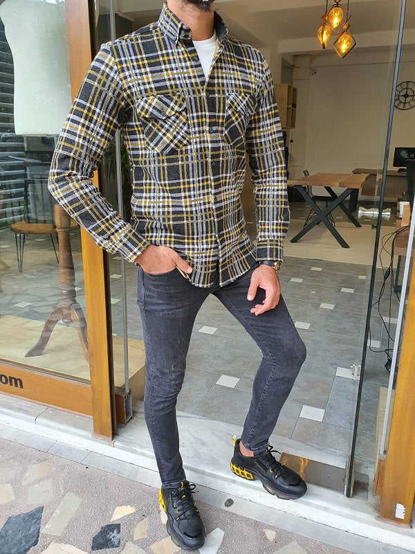 Bojo Yellow Slim Fit Long Sleeve Cotton Plaid Shirt-baagr.myshopify.com-Shirt-BOJONI