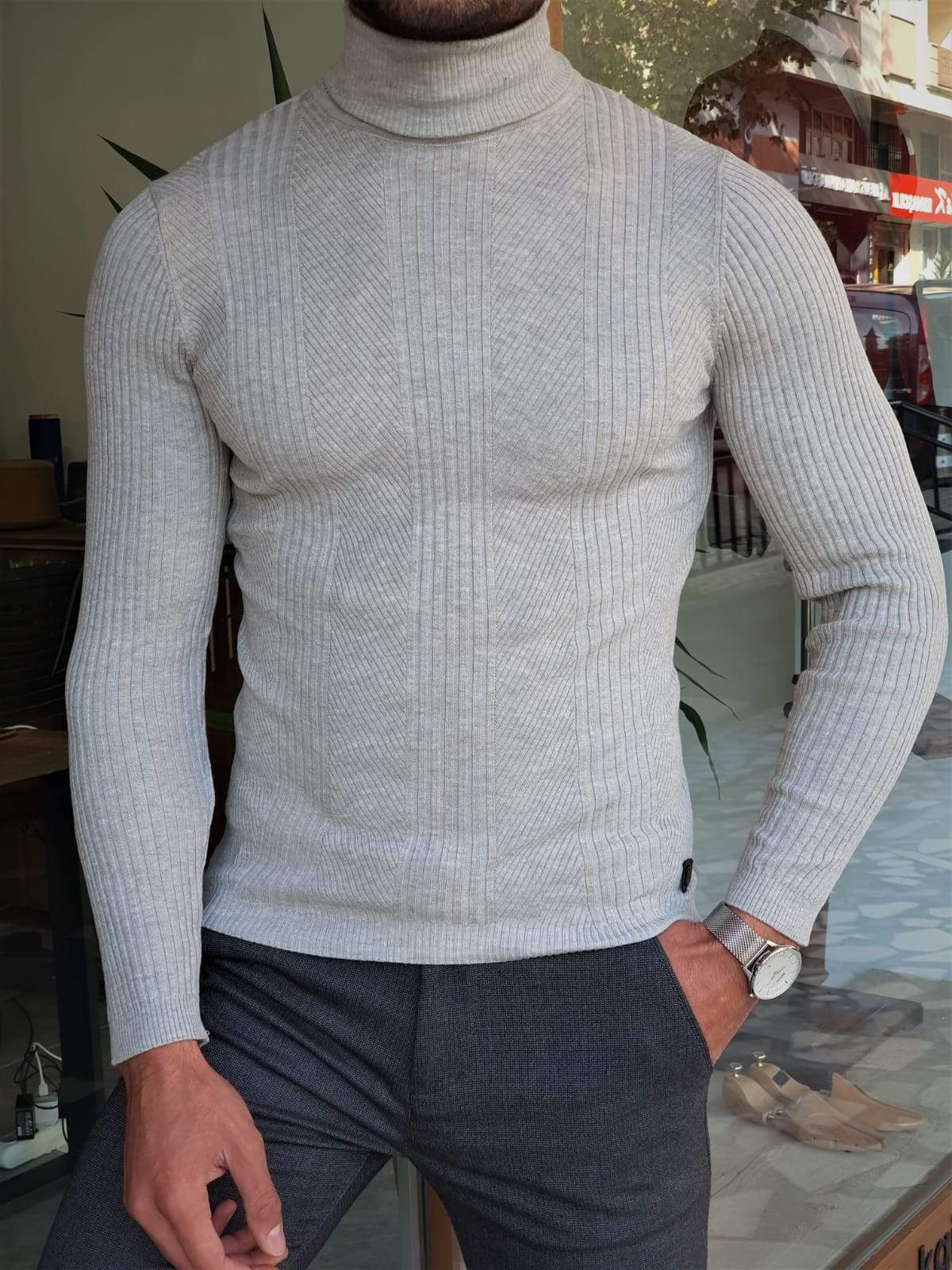 Elko Gray Slim Fit Striped Turtleneck Wool Sweater-baagr.myshopify.com-sweatshirts-BOJONI