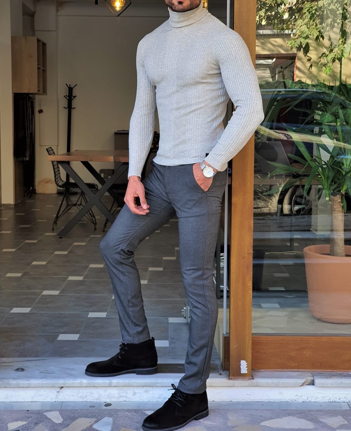 Elko Gray Slim Fit Striped Turtleneck Wool Sweater-baagr.myshopify.com-sweatshirts-BOJONI