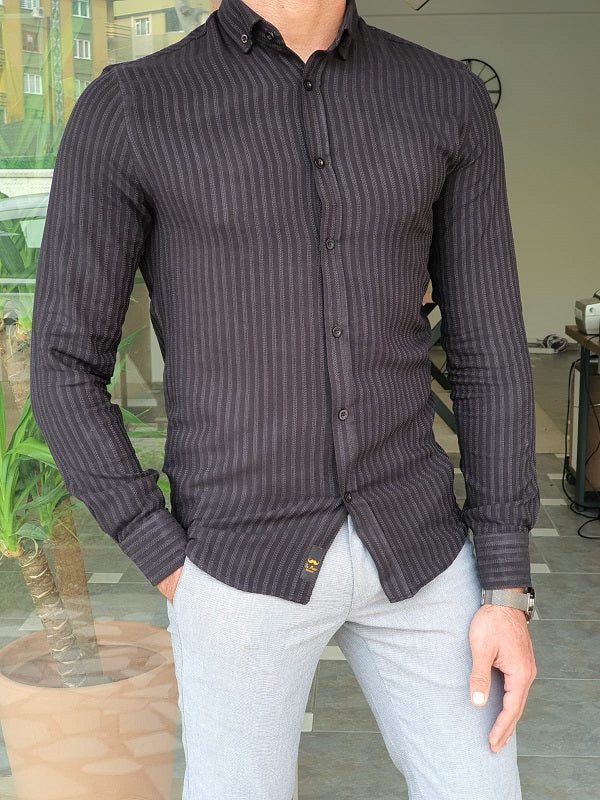 Mantova Black Slim Fit Long Sleeve Striped Cotton Shirt-baagr.myshopify.com-Shirt-BOJONI