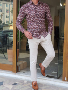 Bastoni Brown Slim Fit Leaves Pattern Long Sleeve Cotton Shirt-baagr.myshopify.com-Shirt-BOJONI