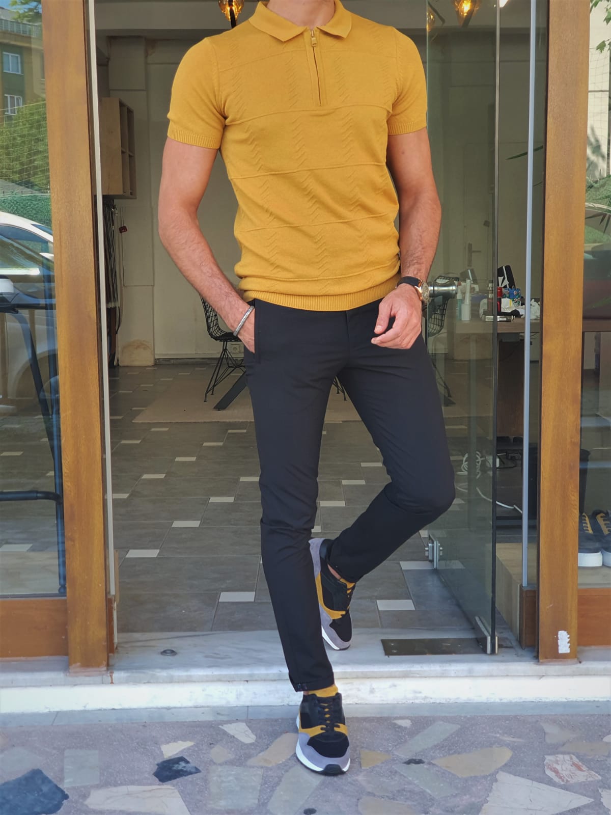 Bano Mustard Slim Fit Zipper Polo T-Shirt-baagr.myshopify.com-T-shirt-BOJONI