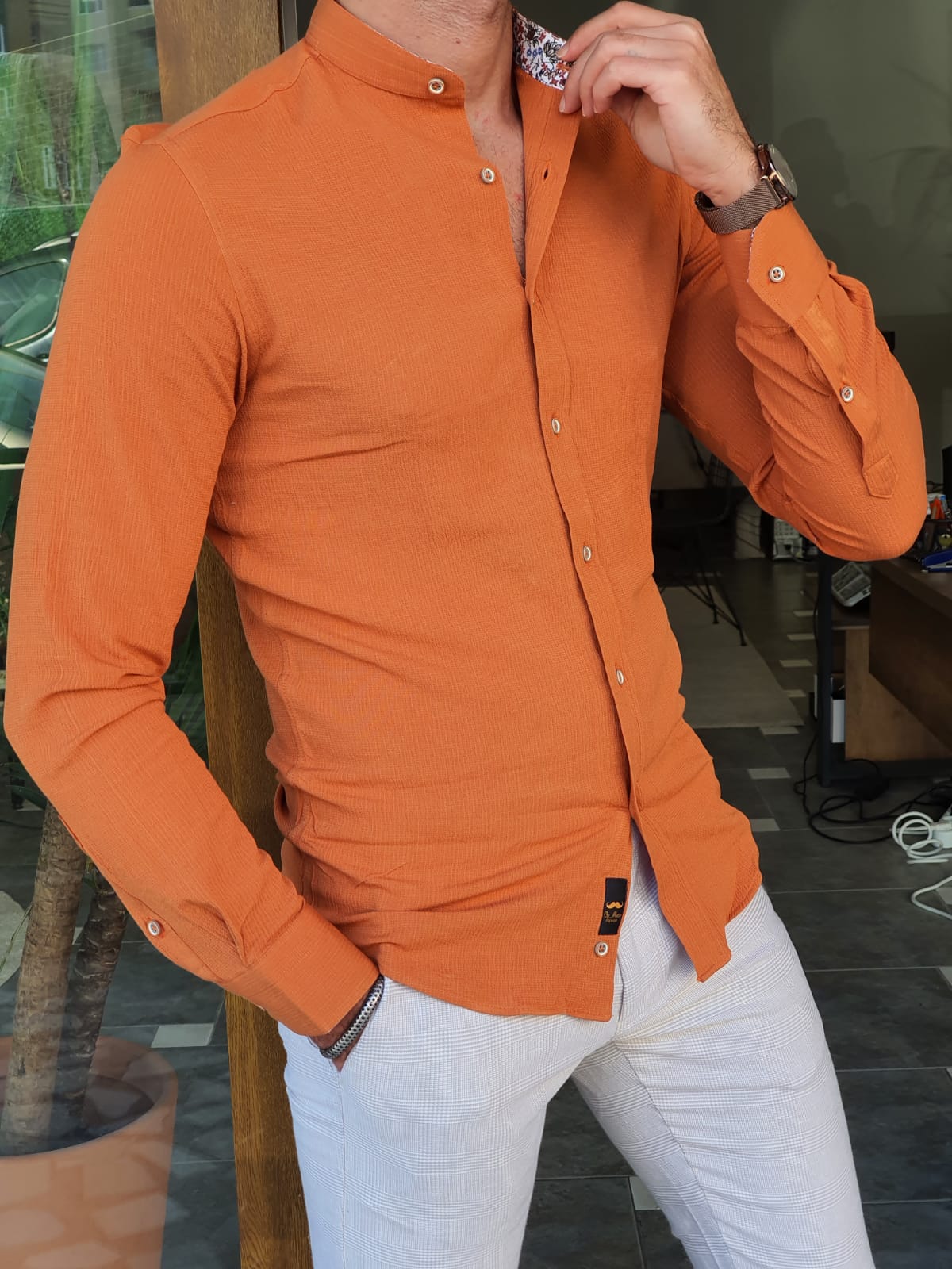 Bastoni Orange Slim Fit Long Sleeve Cotton Shirt-baagr.myshopify.com-Shirt-BOJONI