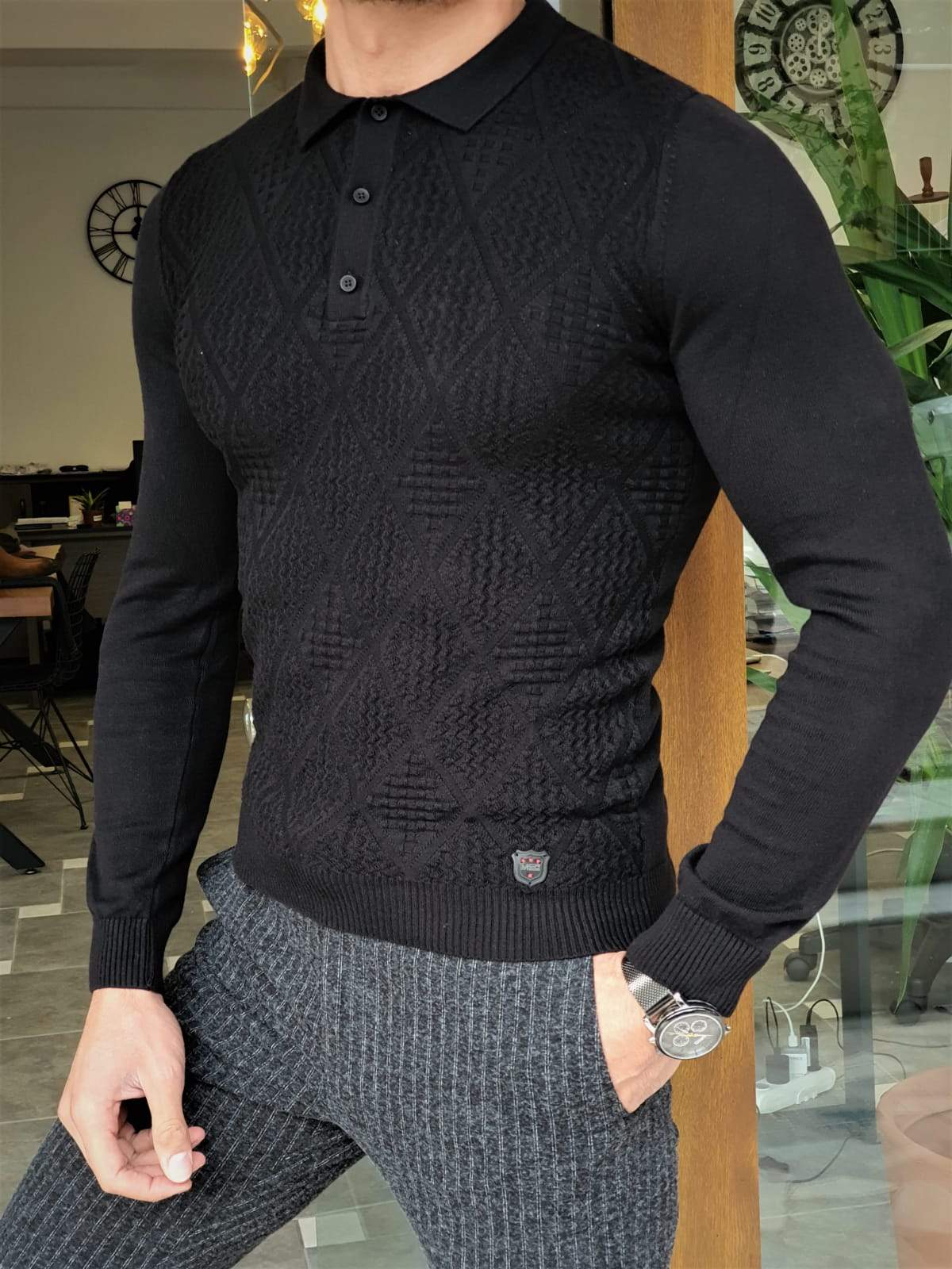 Elko Black Slim Fit Collar Sweater-baagr.myshopify.com-sweatshirts-BOJONI