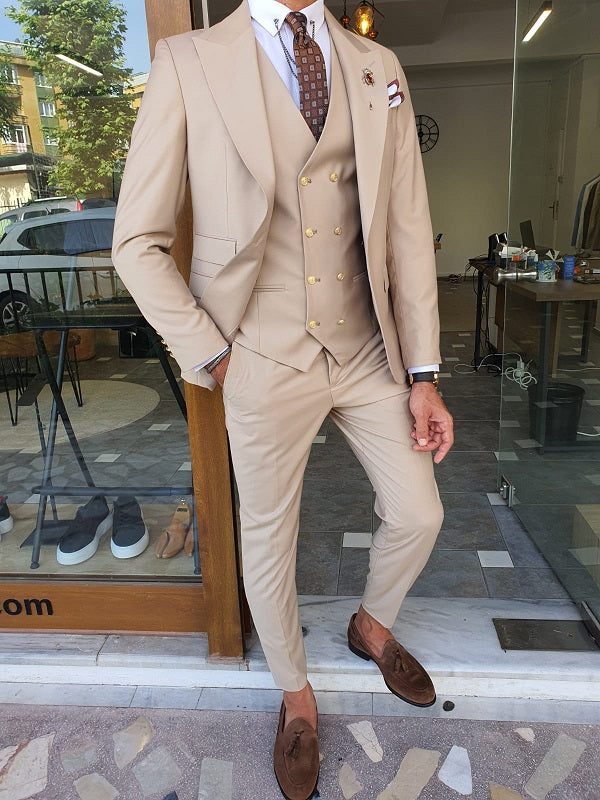 Boston Beige Slim Fit Peak Lapel Wool Suit-baagr.myshopify.com-suit-BOJONI