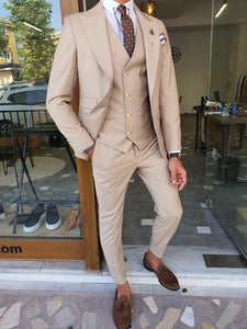 Boston Beige Slim Fit Peak Lapel Wool Suit-baagr.myshopify.com-suit-BOJONI