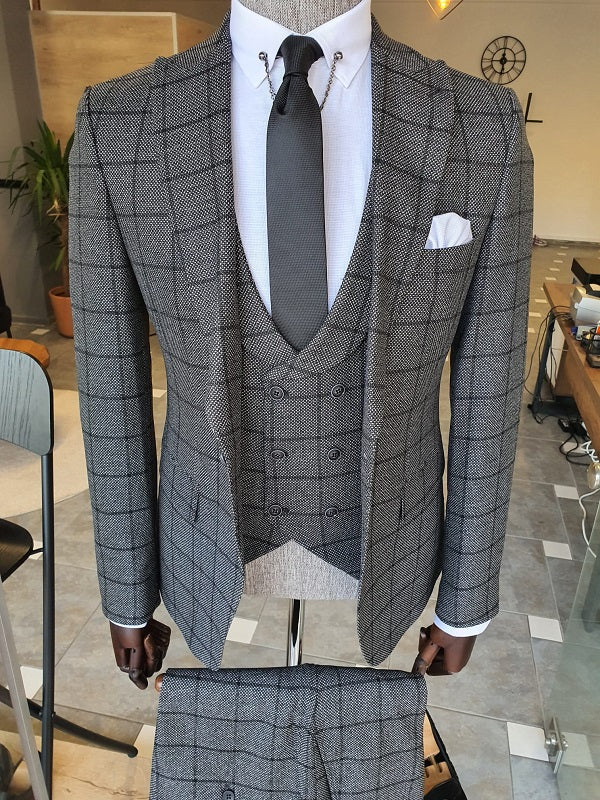 Elche Gray Slim Fit Peak Lapel Plaid Suit-baagr.myshopify.com-suit-BOJONI