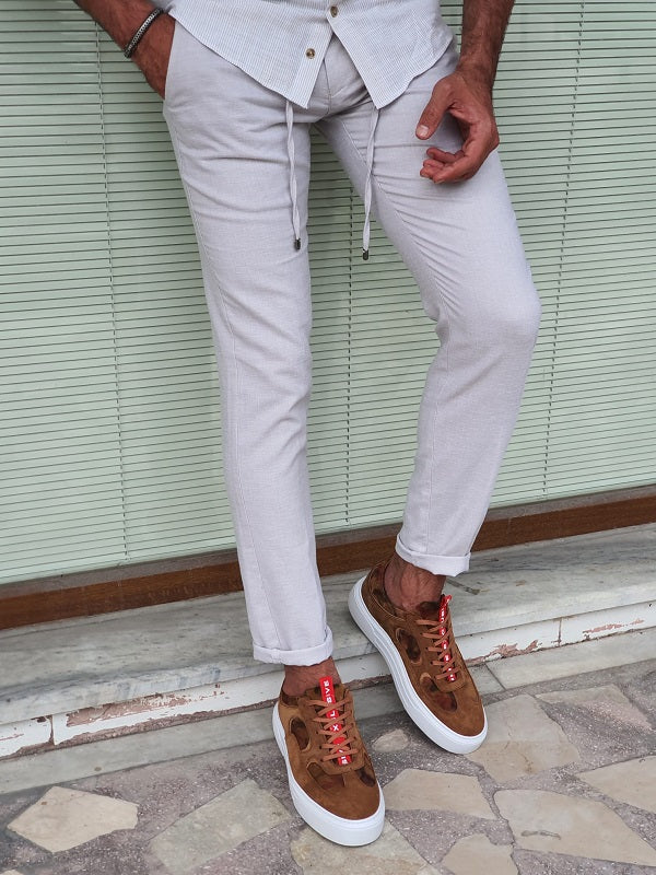 Bastoni Beige Slim Fit Linen Pants-baagr.myshopify.com-Pants-BOJONI