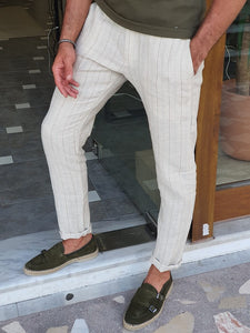 Bastoni Beige Slim Fit Pinstripe Linen Pants-baagr.myshopify.com-Pants-BOJONI