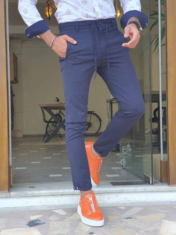 Bastoni Navy Blue Slim Fit Cotton Pants-baagr.myshopify.com-Pants-BOJONI