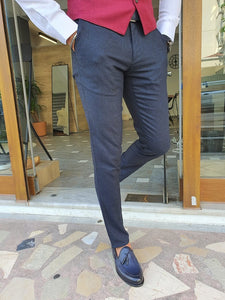 Zar Navy Blue Slim Fit Plaid Cotton Pants-baagr.myshopify.com-Pants-BOJONI