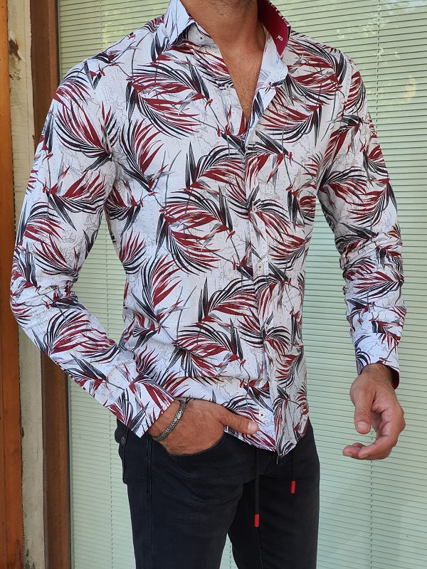 Areni  Red Slim Fit Long Sleeve Tropical Cotton Shirt-baagr.myshopify.com-Shirt-BOJONI