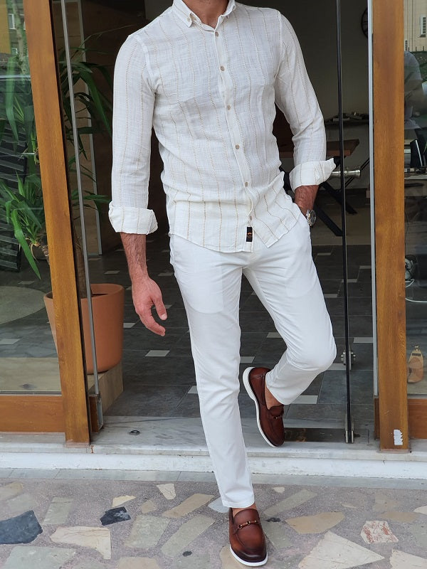 Capani White Brown Slim Fit Long Sleeve Striped Cotton Shirt-baagr.myshopify.com-Shirt-BOJONI