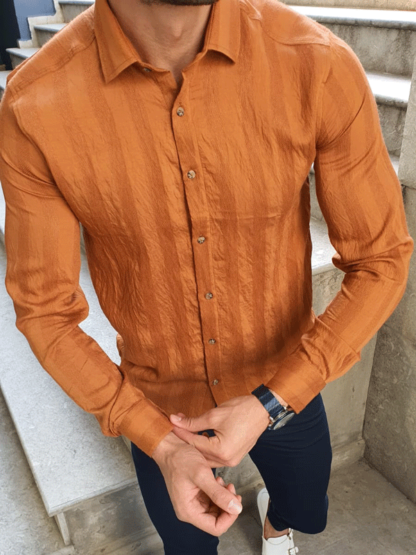 Lansing Camel Slim Fit Striped Cotton Shirt-baagr.myshopify.com-Shirt-BOJONI