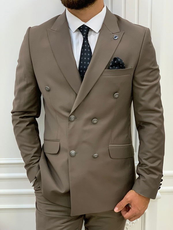 Zar Brown Slim Fit Peak Lapel Double Breasted Suit-baagr.myshopify.com-1-BOJONI