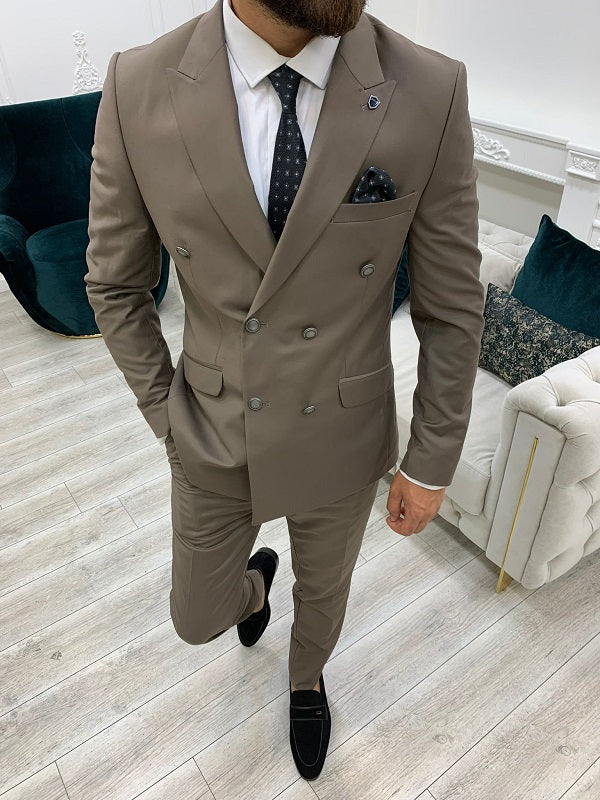 Zar Brown Slim Fit Peak Lapel Double Breasted Suit-baagr.myshopify.com-1-BOJONI