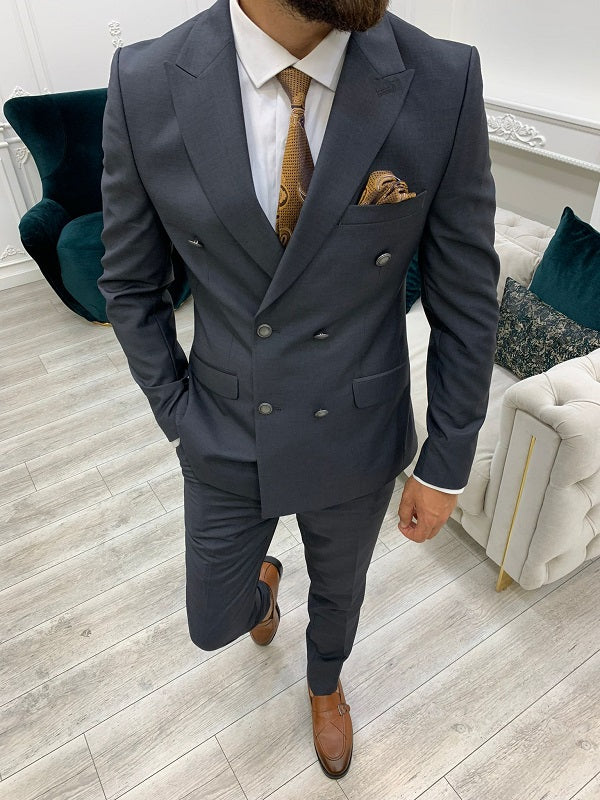 Zar Gray Slim Fit Peak Lapel Double Breasted Suit-baagr.myshopify.com-1-BOJONI