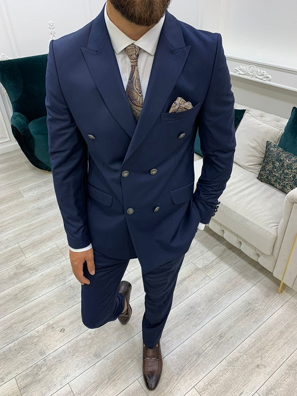 Zar Navy Blue Slim Fit Peak Lapel Double Breasted Suit-baagr.myshopify.com-1-BOJONI