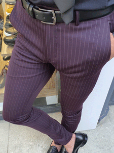 Oakland Burgundy Slim Fit Pinstripe Pants-baagr.myshopify.com-Pants-BOJONI