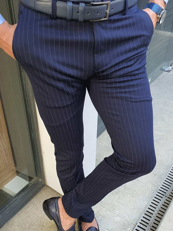 Oakland Navy Blue Slim Fit Pinstripe Pants-baagr.myshopify.com-Pants-BOJONI