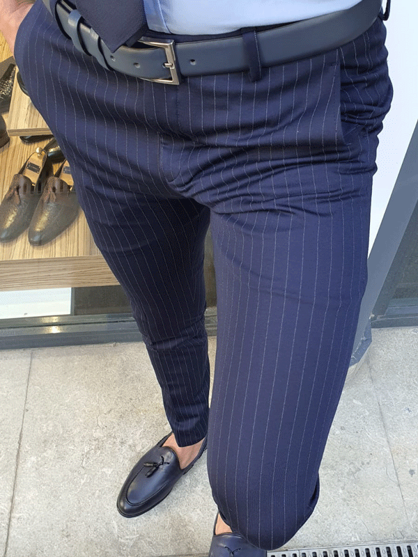 Oakland Navy Blue Slim Fit Pinstripe Pants-baagr.myshopify.com-Pants-BOJONI