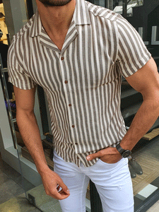 Racine Brown Slim Fit Striped Short Sleeve Shirt-baagr.myshopify.com-Shirt-BOJONI