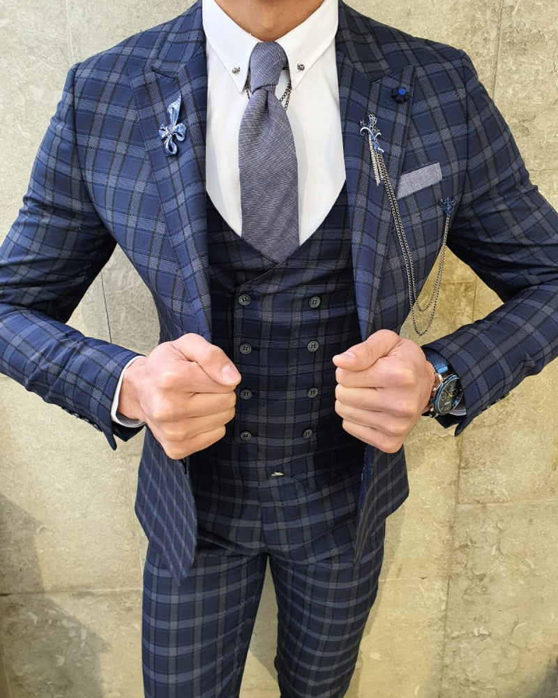 Bojoni  Navy Blue Slim Fit Plaid Check Suit-baagr.myshopify.com-suit-BOJONI