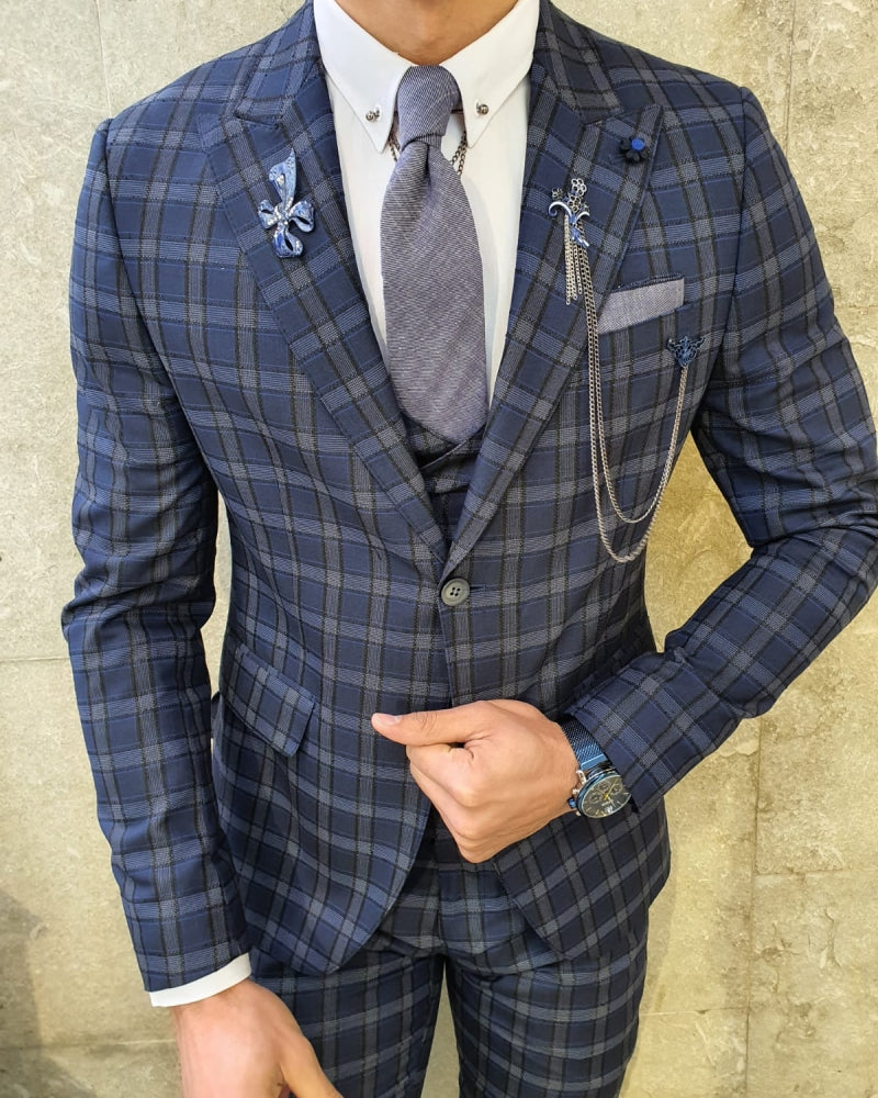 Bojoni  Navy Blue Slim Fit Plaid Check Suit-baagr.myshopify.com-suit-BOJONI