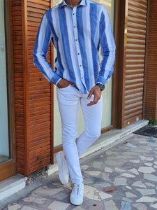 Areni Blue Slim Fit Long Sleeve Striped Linen Shirt-baagr.myshopify.com-Shirt-BOJONI