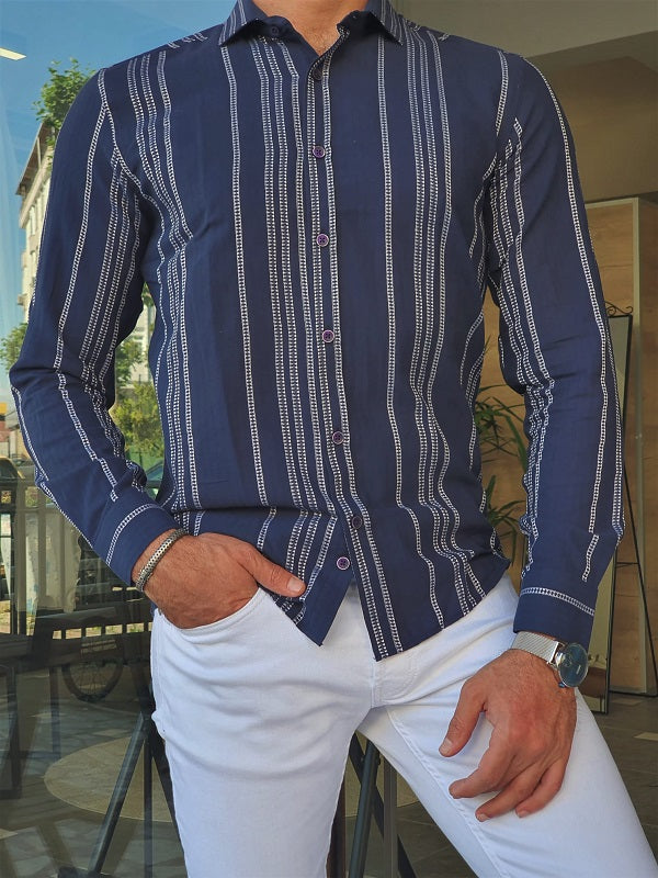 Bano Navy Blue Slim Fit Long Sleeve Striped Cotton Shirt-baagr.myshopify.com-Shirt-BOJONI